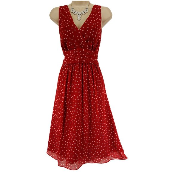 Red White Polka Dot Print Chiffon Midi Dress‎ Size 14 New Summer Party Wedding - Picture 1 of 7